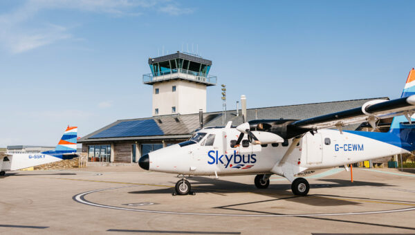 Skybus twin otter and islander on the airfield at Land's end airport