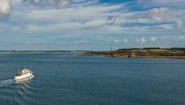 View of the islands as Scillonian III morning departs St Mary's